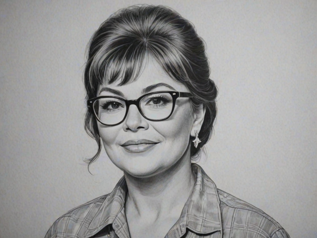 Charming Roseanne Barr, pencil sketch, portrait of Pleasing woman 1960s in glasses, hair style beatnik, outline, clear lines, fine lines, 8k