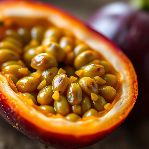 Create a highly detailed and vibrant close-up image of a cut-open passion fruit and a whole passion fruit, using a macro lens at f/2.8 for shallow depth of field, ISO 100 for minimal noise, and a soft natural light source to enhance texture and color contrast.