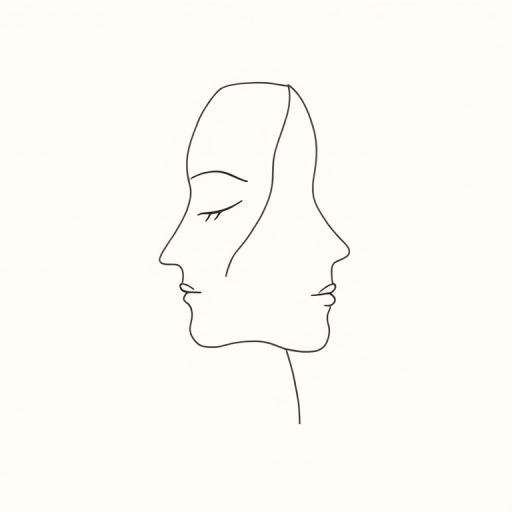 create a minimalist line drawing of two abstract faces in profile on a soft beige background, use a Canon EOS R5, 50mm lens, f/1.8 aperture, ISO 100, natural soft light to enhance contrast and clarity