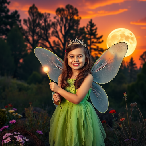 A vivid photo  taken under a bright camera flash of a fantastical scene set against a backdrop of a forest during sunset. The main subject is a girl dressed as a fairy, adorned with translucent wings and a green dress, holding a wand, her face is happy, and she wears a crown on her head. The forest behind her is a blend of flowers, shrubs and trees. The sky is painted in hues of orange and pink, with a large, glowing moon casting a warm glow over the scene. The overall color palette is dominated by earthy tones.