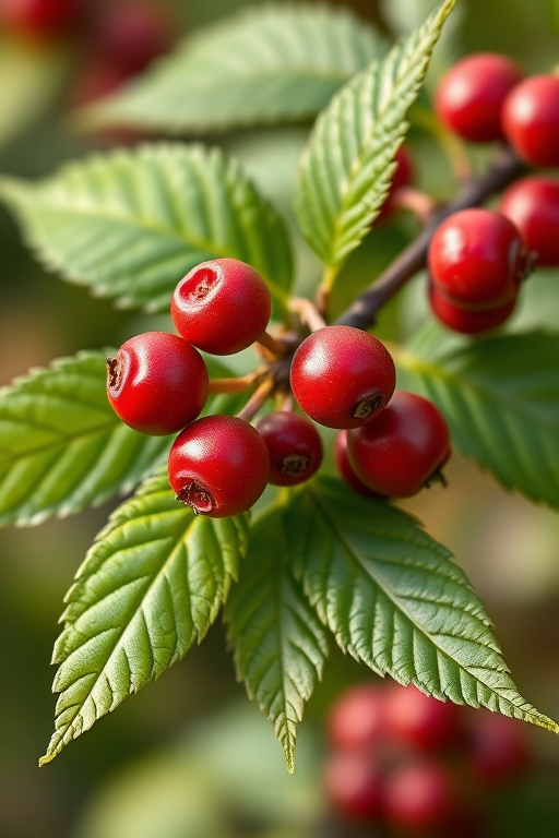 high-resolution botanical illustration of a berry branch with detailed leaves, macro lens, aperture f/2.8, ISO 100, natural light, DSLR camera, shallow depth of field