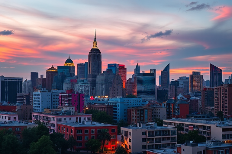 Regenerate a colorful city skyline at dusk with vibrant buildings, blending modern architecture with artistic styles, utilizing a Canon EOS R5, f/8 aperture, 24mm lens, ISO 100, and a panoramic view for enhanced detail and clarity.