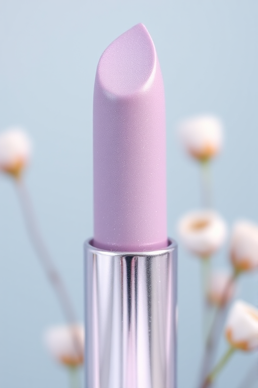 Frosted pastel lavender lipstick named "Lilac Frost" with a creamy formula and subtle cool-toned shimmer for a fresh spring look
