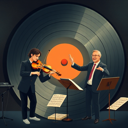 Create a digital illustration of two musicians performing with a large vinyl record in the background, one playing the violin and the other conducting, surrounded by music sheets, captured with a 50mm lens at f/2.8, ISO 100, and a slight vignette effect for depth.