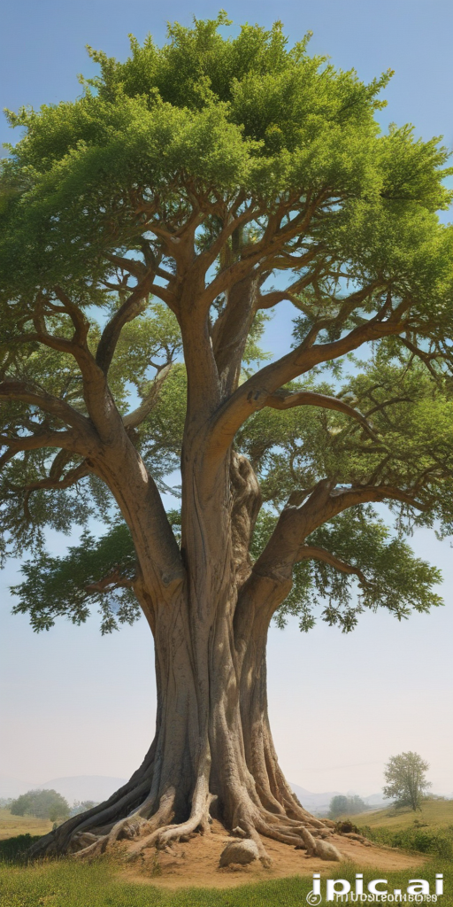 Majestic Tree Standing Tall Amidst a Serene Landscape Under Clear Skies