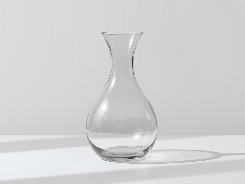 Create a minimalist image of a glass carafe with smooth contours and reflections, captured with a Canon EOS R5 camera, 50mm lens, f/1.8 aperture, ISO 100, using natural light to emphasize clarity and texture, shot from a slightly elevated angle for depth and focus on the carafe's design.