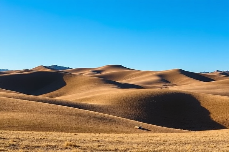 Generate an image of a minimalist landscape with rolling hills under a clear blue sky, captured with a DSLR camera at f/8 aperture, ISO 100, 1/250 sec shutter speed, in a wide-angle view, using a natural light style for enhanced clarity and detail.