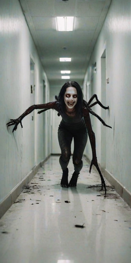 a crooked female with long arms and a creepy smile is crawling along a long white corridor and you can also see cockroaches in it there is a creepy atmosphere creepy art style