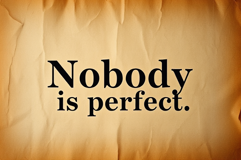 Create an artistic image with the text "Nobody is perfect" in a vintage font on a textured parchment background, use a DSLR camera, aperture f/2.8, ISO 100, 35mm lens, and natural light to enhance image quality.