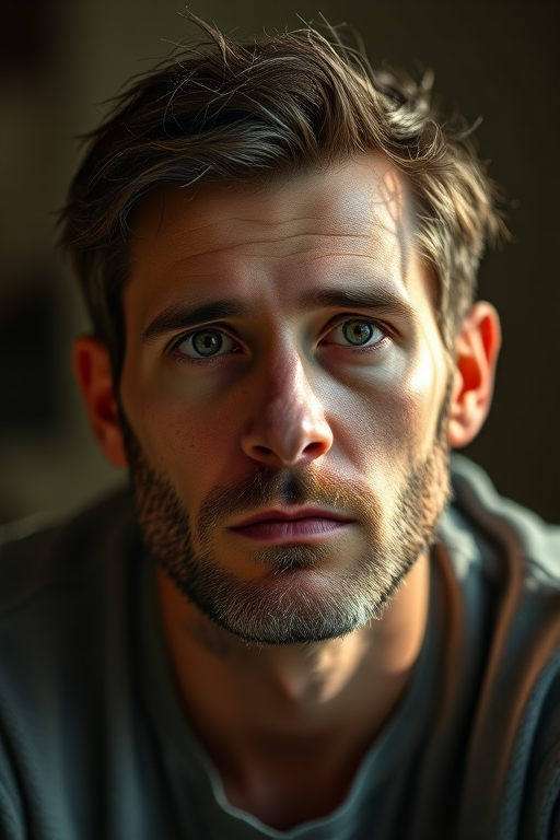 Create a high-resolution portrait of a contemplative man with soft lighting, using a shallow depth of field, captured with a Canon EOS R5 at 50mm f/1.8 aperture, ISO 100, and a natural light setting to enhance texture and detail.