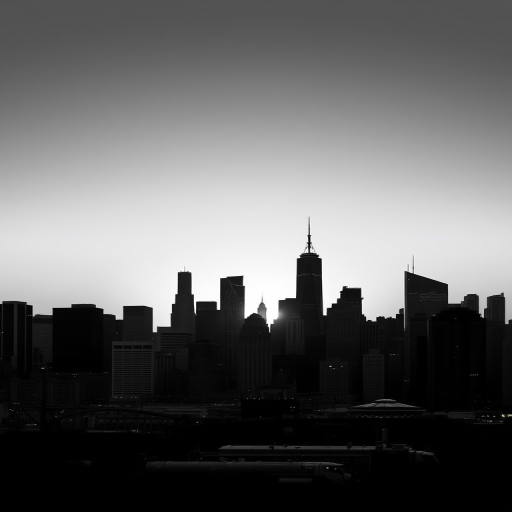 generate a high-contrast black and white illustration of a modern city skyline at sunset, using a digital camera with a wide-angle lens, aperture f/8, ISO 100, 24mm focal length, capturing the sharp details of buildings against a soft gradient background with a slight vignette effect