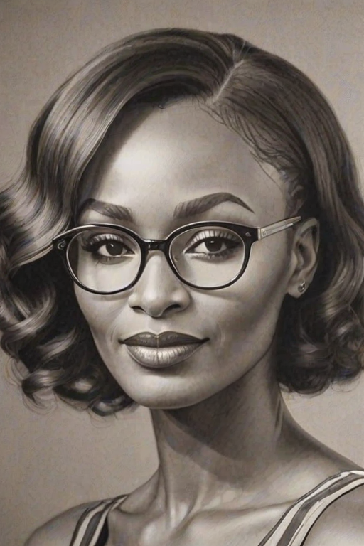 Captivating Cynthia Bailey, pencil sketch, portrait of Appealing woman 1927s in glasses, hair style beatnik, outline, clear lines, fine lines, 8k