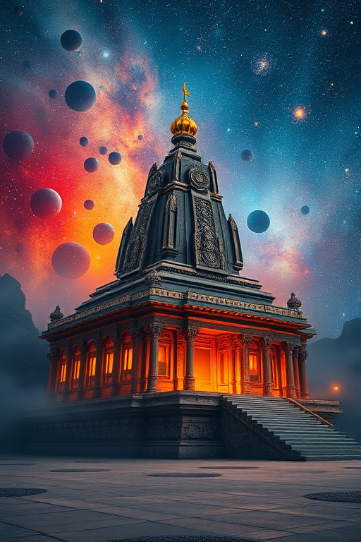Create a high-resolution image of an ancient, futuristic temple with intricate designs, surrounded by a vibrant cosmic nebula in shades of blue, orange, and red, captured with a DSLR camera at f/11, ISO 100, 24mm lens, using a wide-angle view to emphasize grandeur and depth in the scene.