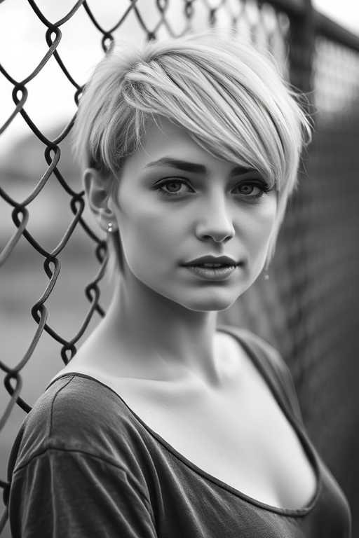 portrait of a person with short blonde hair leaning against a chain-link fence, soft focus background, natural light, f/2.8 aperture, 50mm lens, ISO 100, shallow depth of field, monochrome style, shot with a DSLR camera