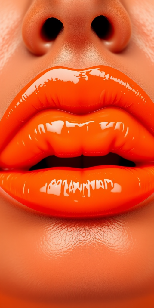 Vivid neon orange lips with high-shine gloss, exaggerated fullness and volume, statement-making brightness, energetic and playful Tangerine Glow Pop look