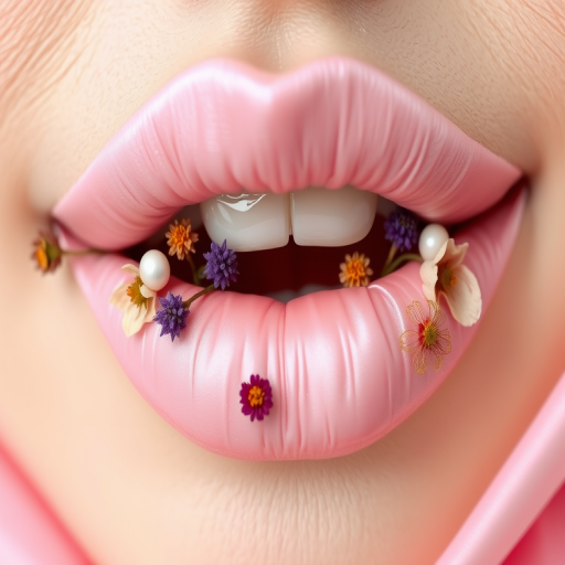 Soft pink satin lips in "Blossom Petal" style, adorned with pressed dried flowers and a subtle pearl sheen, creating a romantic and feminine look