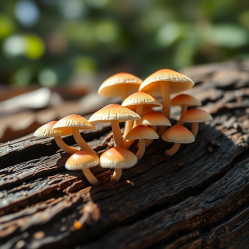 Capture a close-up shot of delicate mushrooms growing on a log in bright natural light, using a DSLR camera with a 50mm lens, aperture set to f/2.8 for shallow depth of field, and ISO 100 for optimal clarity, focusing on the textures of the mushrooms and the wood.