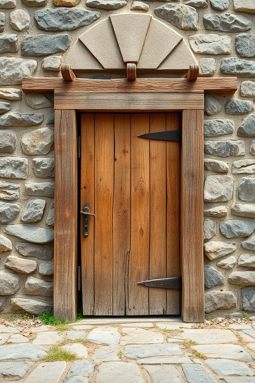Capture a rustic wooden door against an ancient stone wall, use a Canon EOS R5, aperture f/8, ISO 100, shutter speed 1/125, wide-angle view, high dynamic range style to enhance details and textures.