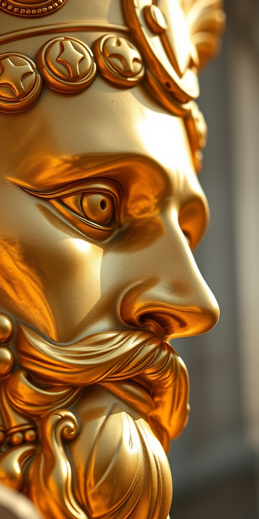 Create a hyper-realistic close-up of a golden statue of a historical figure with intricate details, soft natural lighting, shallow depth of field, focal length 50mm, aperture f/1.8, ISO 100, using a DSLR camera.