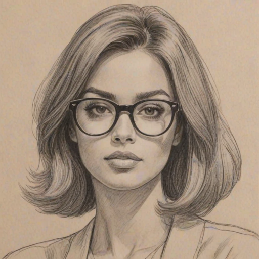 Fetching Ciara, pencil sketch, portrait of Appealing woman 1966s in glasses, hair style beatnik, outline, clear lines, fine lines, 8k