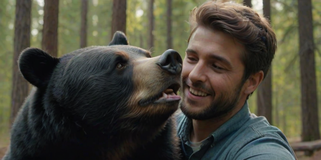 A happy black bear embracing a man in the forest. Hyper-realistic, highly detailed, 4K, HDR, very close frame.
