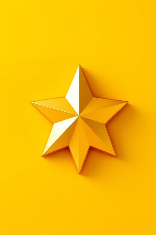 Regenerate a vibrant, three-dimensional golden star icon with a smooth gradient, high detail, and a soft glow effect, captured at f/2.8, ISO 100, 50mm lens, in a flat lay view using a DSLR camera.