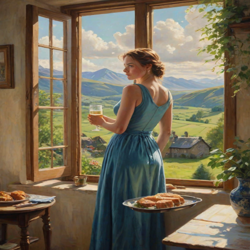 In "A Glass of Beer on the Highland," a serene scene is depicted in a sunlit room where a woman in a vibrant blue dress stands by a large window. She holds a tray with a hearty meal and a frothy glass of beer, embodying a moment of relaxation. Outside, the breathtaking highland landscape features rolling green hills and a charming traditional house, all bathed in warm afternoon light. The interior is adorned with potted plants, creating a harmonious blend of comfort and nature. The painting beautifully captures the tranquility and joy found in simple pleasures amidst stunning scenery