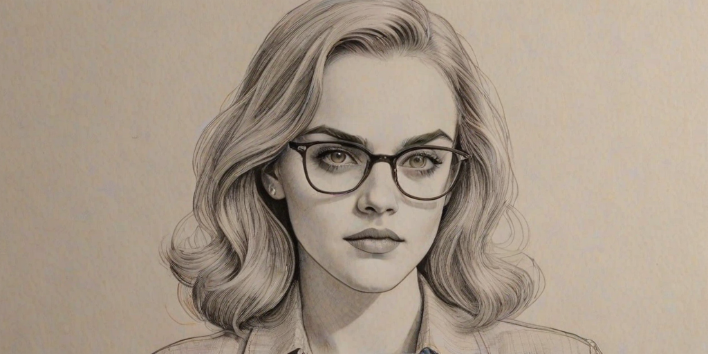 Stunning Madeline Brewer, pencil sketch, portrait of Fetching woman 1947s in glasses, hair style beatnik, outline, clear lines, fine lines, 8k