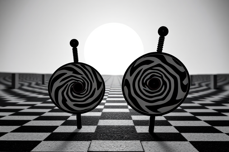 Create an image of two spiral-patterned spinning tops in a black and white checkerboard landscape with a large sun rising in the background, using a DSLR camera with a 50mm lens, f/8 aperture, ISO 100, and 1/200 shutter speed, shot from a slightly low angle to emphasize depth and perspective.
