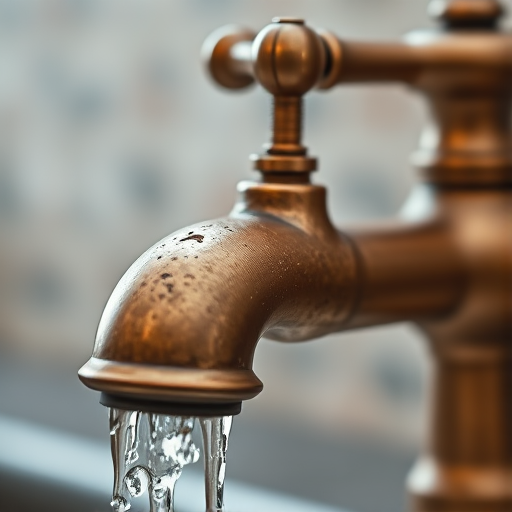 Create a high-resolution image of a vintage brass faucet with running water, captured from a close-up perspective using a DSLR camera with a 50mm lens, aperture set to f/2.8 for a shallow depth of field, ISO 100 for clarity, and a shutter speed of 1/200 sec to freeze the water movement.
