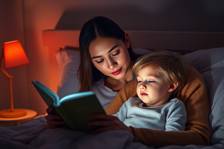 Warm, softly lit image of a mother reading a bedtime story to her child in a cozy bedroom, soft glow from a nearby lamp casting a warm light on their faces, the smell of lavender in the air, the child's eyes slowly closing as they drift off to sleep.