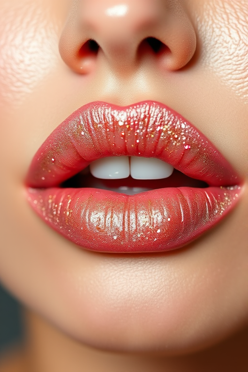 Shimmering Rose Gold Glaze lip style combines a soft pink base with golden sparkles, creating a glamorous and eye-catching effect suitable for red carpet events