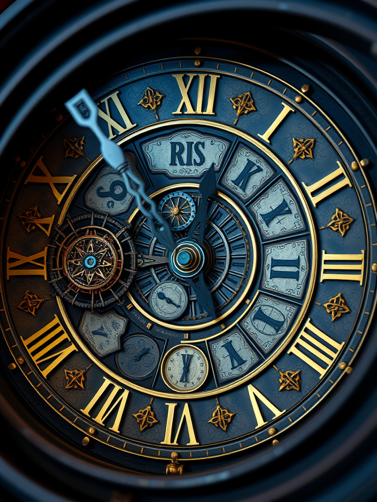 create a high-resolution image of a spiral clock face with intricate details and gold accents, captured with a Canon EOS R5 using a 50mm f/1.2 lens, aperture set to f/8, ISO 100, and a view from above to emphasize the depth and complexity of the design