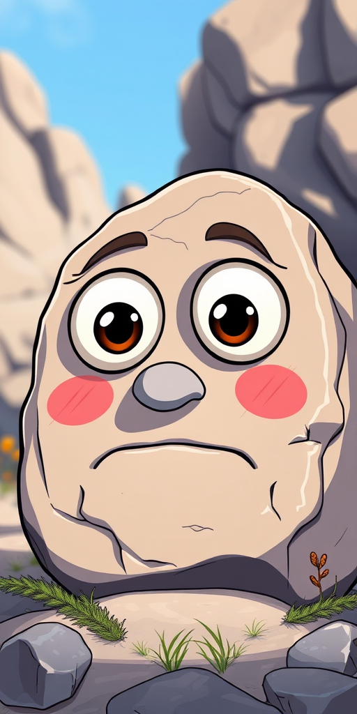 Create a cartoon-style illustration of a rock with large googly eyes and exaggerated facial features, using a soft focus lens, 35mm focal length, and natural lighting to enhance depth and color vibrancy.