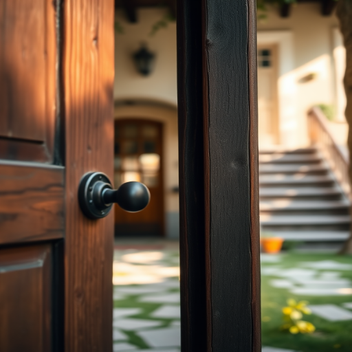 rustic wooden door slightly ajar with a focus on the handle, blurred background of a charming house and staircase, soft natural sunlight, aperture f/2.8, shutter speed 1/100s, ISO 200, shot with a DSLR camera in portrait mode