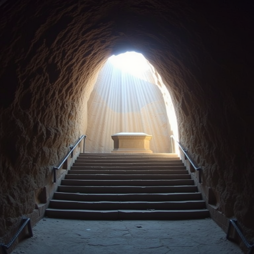 A dimly lit cave interior with a staircase leading up to a bright opening, soft rays of sunlight filtering in, illuminating a stone sarcophagus at the center, focal length 35mm, aperture f/2.8, ISO 100, natural lighting, DSLR camera, wide-angle view.