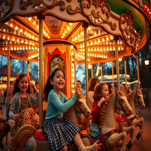 Picturesque old-fashioned carousel, with children laughing and enjoying the ride, colorful lights twinkling as dusk falls, evoking a sense of nostalgia and joy.