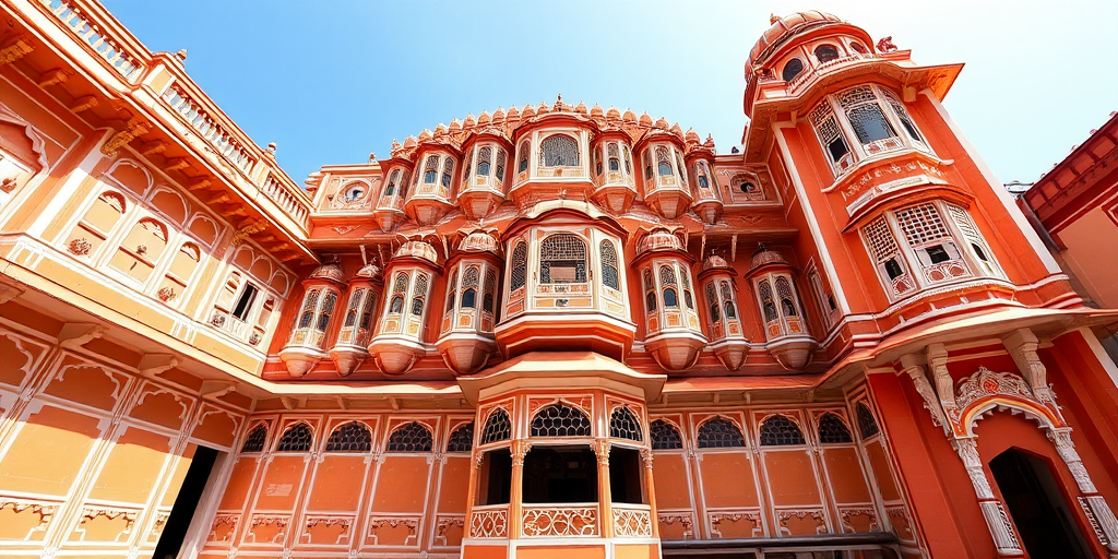 Capture an image of the Hawa Mahal in Jaipur with a wide-angle lens at f/11, ISO 100, 1/200 sec, bright daylight, focused on the palace facade to showcase intricate details and vibrant colors, using a DSLR camera for high resolution.