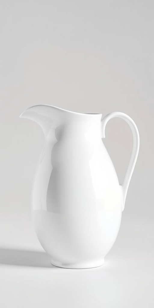 Create a realistic 3D rendering of a glossy white ceramic pitcher with soft lighting, set against a neutral backdrop, using a DSLR camera at f/8 aperture, 50mm lens, ISO 200, and 1/125 shutter speed for optimal depth of field and clarity.