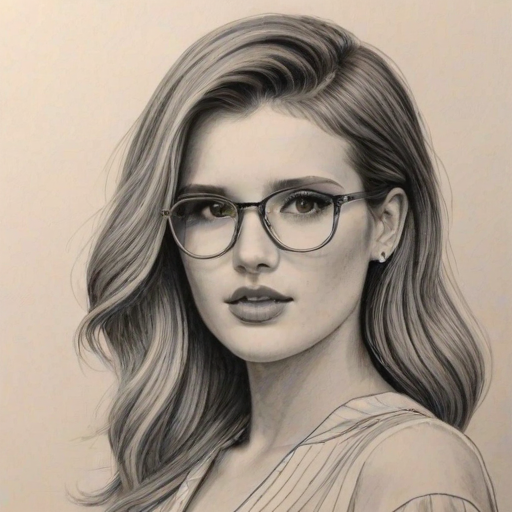 Alluring Bella Thorne, pencil sketch, portrait of Fascinating woman 1922s in glasses, hair style beatnik, outline, clear lines, fine lines, 8k