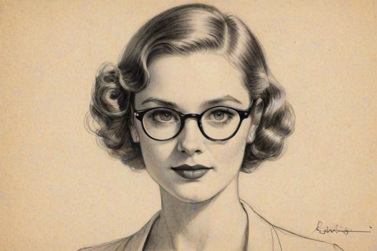 Captivating Sophie Wylie, pencil sketch, portrait of Elegant woman 1930s in glasses, hair style beatnik, outline, clear lines, fine lines, 8k