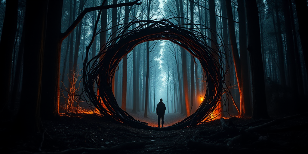 a mysterious forest scene featuring a dark circular portal made of twisted branches and glowing light at the end, person standing at the entrance, captured with a Canon EOS 5D Mark IV, 24mm lens, f/2.8, ISO 400, 1/60s, soft focus background and warm lighting for enhanced atmosphere