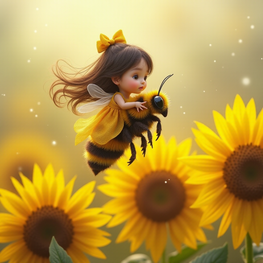 a whimsical cute girl with big eyes, big hair and flowing dress, riding astride a bumble bee, and flying across the top of the sunflower, which are just waking up, and catching dew drop of rain