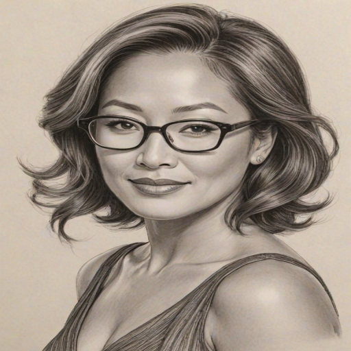 Fetching Carrie Ann Inaba, pencil sketch, portrait of Elegant woman 1954s in glasses, hair style beatnik, outline, clear lines, fine lines, 8k