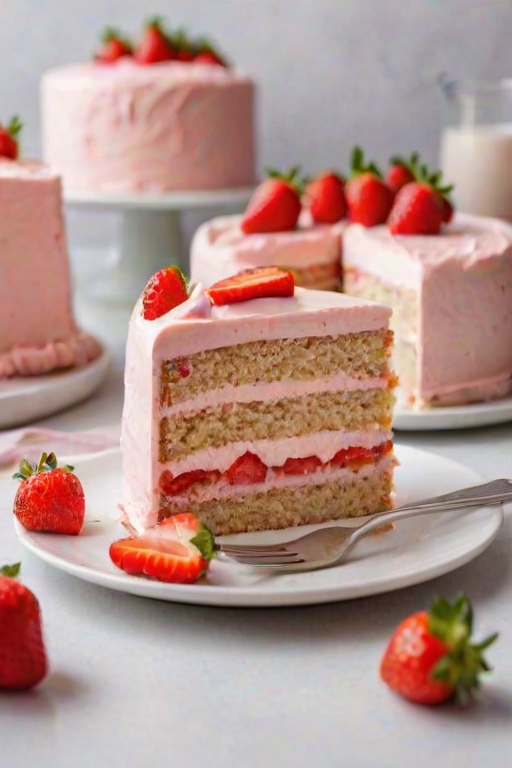 Generate an image of a slice of pink strawberry cake on a white plate. The cake is layered and has a smooth frosting, with a whole strawberry placed next to the slice. In the background, there is a whole cake with a light pink frosting and some fresh strawberries on top. The setting is bright and inviting, with soft lighting.