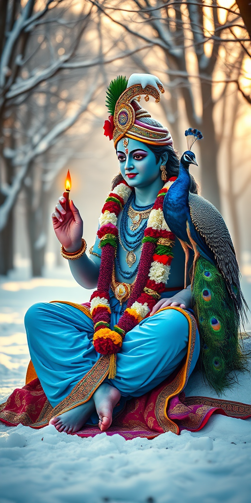 Create a serene image of a divine figure resembling Lord Krishna seated gracefully with a peacock, adorned in vibrant blue attire and floral decorations, set in a snowy landscape with soft sunlight filtering through trees, using a DSLR camera at f/2.8, ISO 100, 50mm lens, capturing in a soft focus style with high dynamic range.