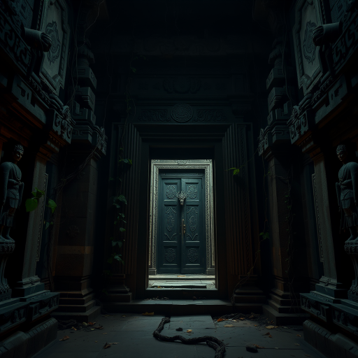 dimly lit ancient temple entrance surrounded by ornate stone carvings and tangled vines with a mystical glow emanating from the doorway, captured with a Canon EOS R5, 24mm f/1.4 lens, ISO 800, aperture f/4, shutter speed 1/60s, cinematic lighting, wide-angle view