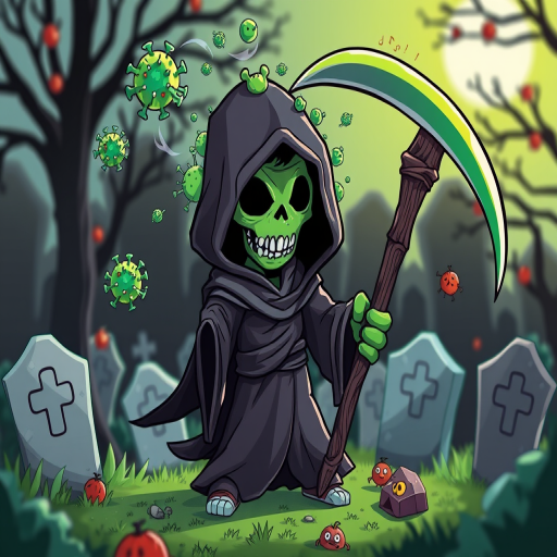Create a cartoon-style illustration of a grim reaper character with a green, virus-like head, holding a scythe, surrounded by swirling germs, in a graveyard setting with gravestones, shot with a DSLR camera at f/11 for depth of field, ISO 100, 50mm lens, natural lighting, focus on vibrant colors and sharp details.