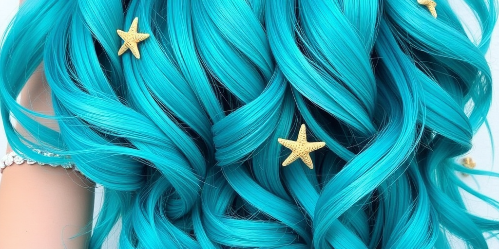 Vibrant teal mermaid waves cascade down to the waist, shimmering with iridescent highlights and adorned with tiny starfish clips, creating an enchanting oceanic allure named Aquamarine Dream