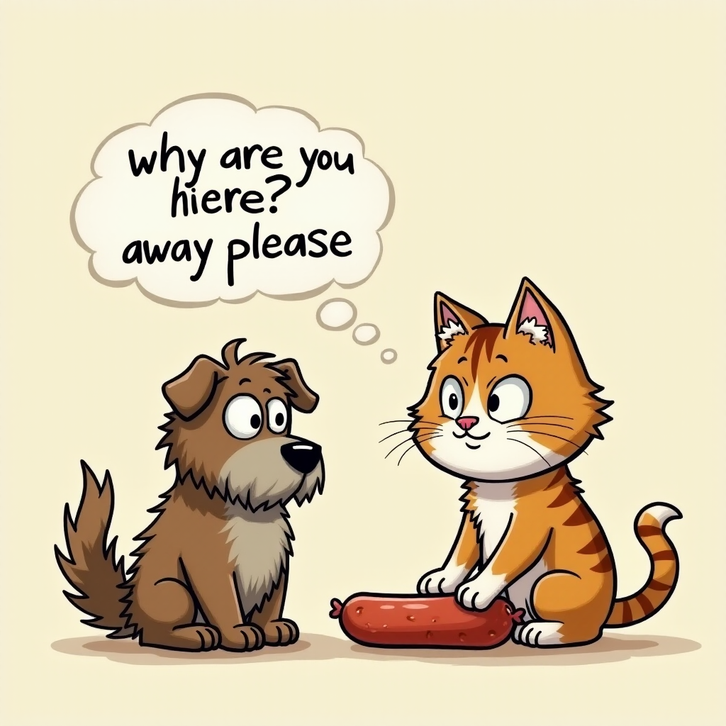 caricature of a silly whimsical fluffy cat with a mean look she has one foot on a sausage and is looking at an old scraggly big dog the cat has a thought bubble above her head that says “why are you here? go away please"